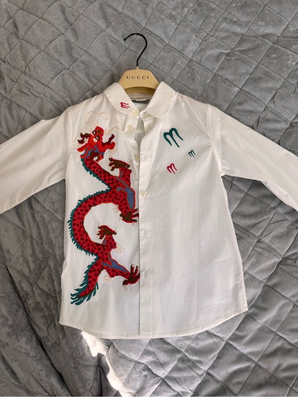 Gucci White Button-Down Shirt with Red & Green Dragon Embroidery